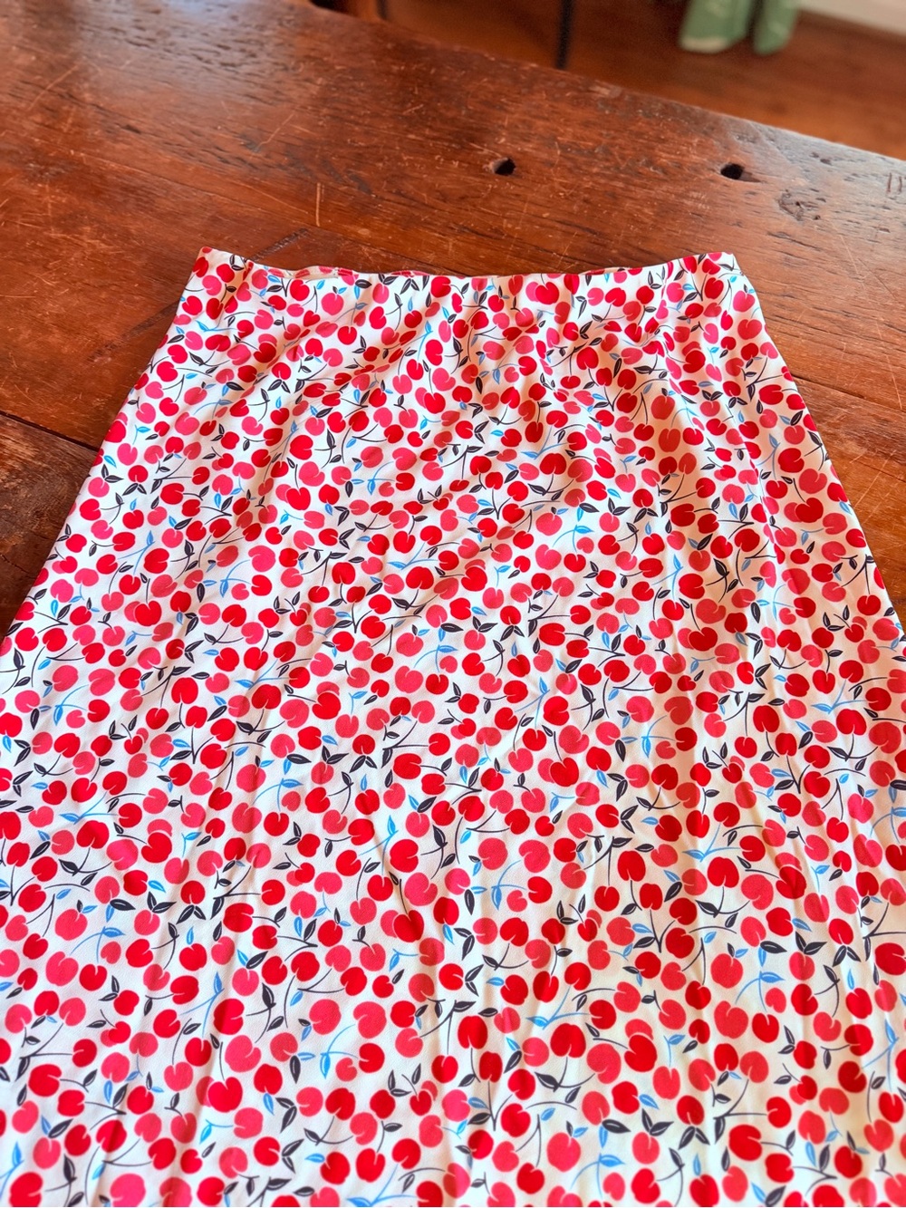 LOFT Women's Red Cherry Midi Print Skirt - White Background